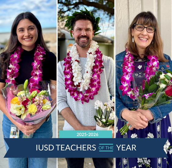 Three smiling teachers, each wearing leis and holding bouquets, are honored as IUSD Teachers of the Year for 2025-2026.