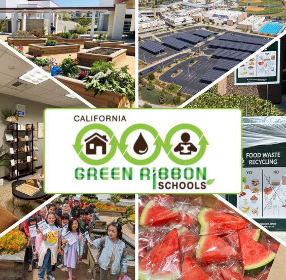 Photo collage of students, IUSD facilities and solar panels