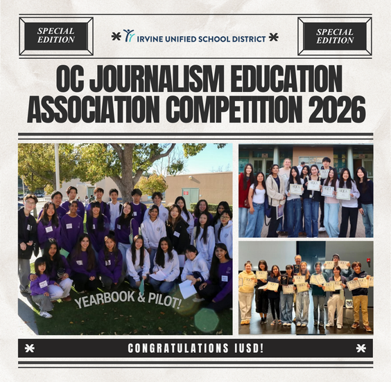 Students from Irvine Unified School District pose for photos after the OC Journalism Education Association Competition 2026.