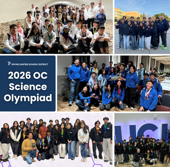 Team photos of Sierra Vista, Uni, Northwood, Portola and Rancho San Joaquin teams at 2026 OC Science Olympiad.