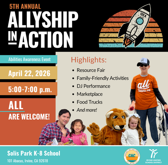 Poster for the 5th Annual Allyship in Action Abilities Awareness Event on April 22, 2026, from 5-7 PM at Solis Park K-8 School.