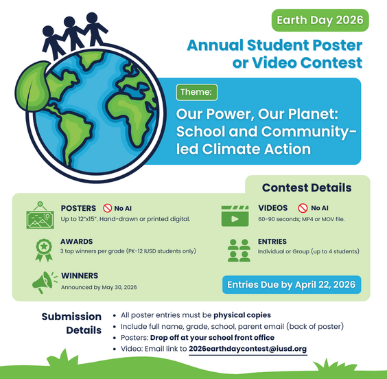 Poster for the Earth Day 2026 Annual Student Poster or Video Contest with the theme 'Our Power, Our Planet: School and Community-led Climate Action'.