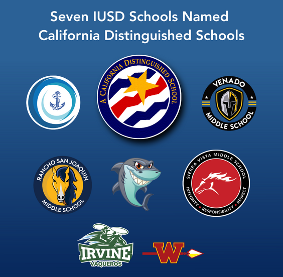 Seven IUSD Schools are recognized as California Distinguished Schools, with their logos displayed.