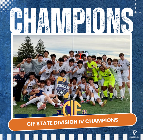 A soccer team celebrates their victory, holding a trophy and sign