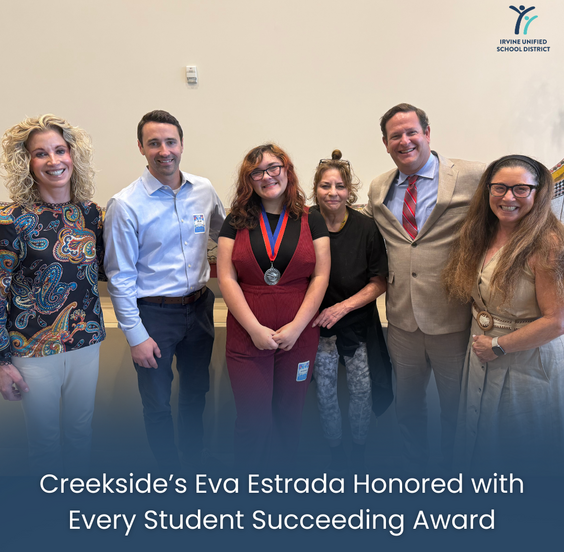 Eva Estrada posing and smiling with Superintendent Cassie Parham, Board Member Lauren Brooks, her mother and school site staff.