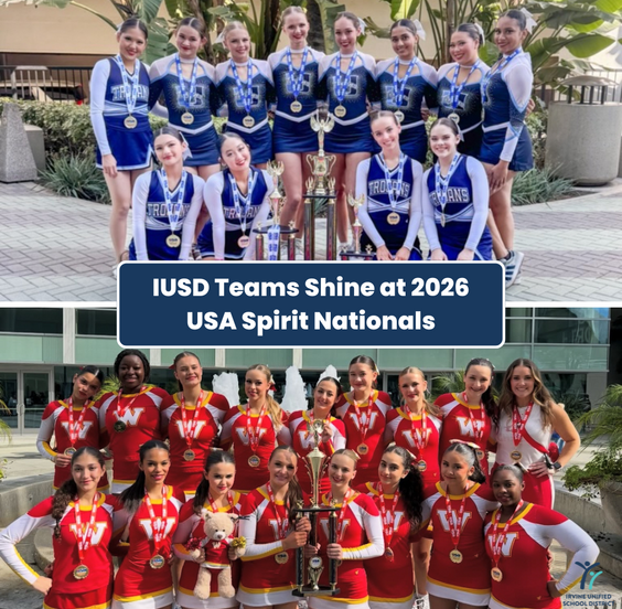 Two cheerleading teams in uniform, one in blue and white, the other in red and yellow, pose with trophies and medals.