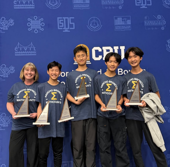 Rancho students and teacher holding awards in front of backdrop
