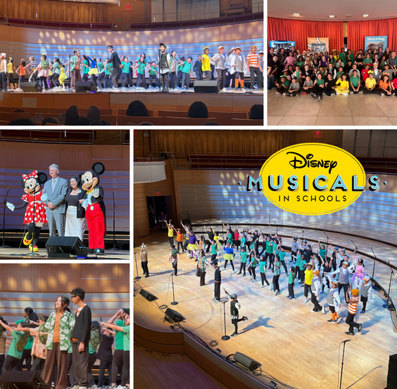 A large group of children in colorful costumes perform on a stage, with a Disney Musicals in Schools logo visible.