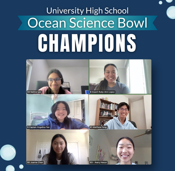 University High School Ocean Science Bowl VICTORY displayed with a grid of smiling students and their coach.