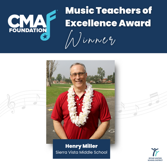 Henry Miller, a music teacher from Sierra Vista Middle School, is recognized as a winner of the CMA Foundation Music Teachers of Excellence Award.