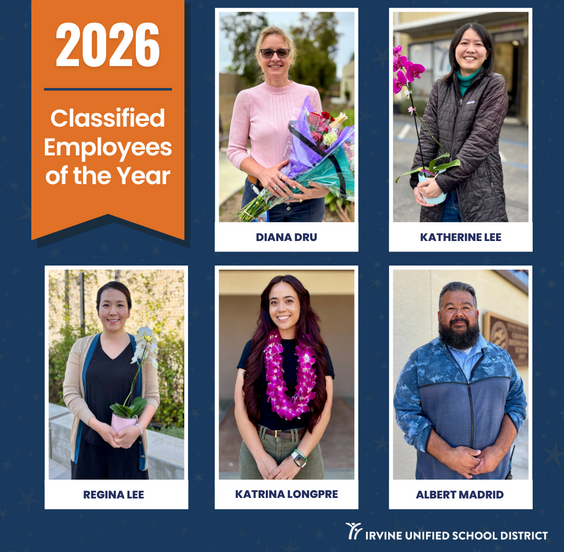 The 2026 Classified Employees of the Year are honored with portraits: Diana Dru, Katherine Lee, Regina Lee, Katrina Longpre, and Albert Madrid.