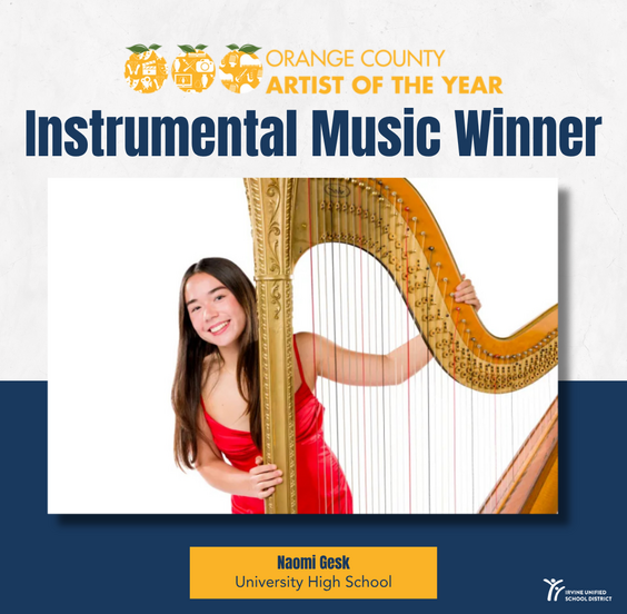 Naomi smiles next to a golden harp, recognized as the Orange County Artist of the Year for Instrumental Music.