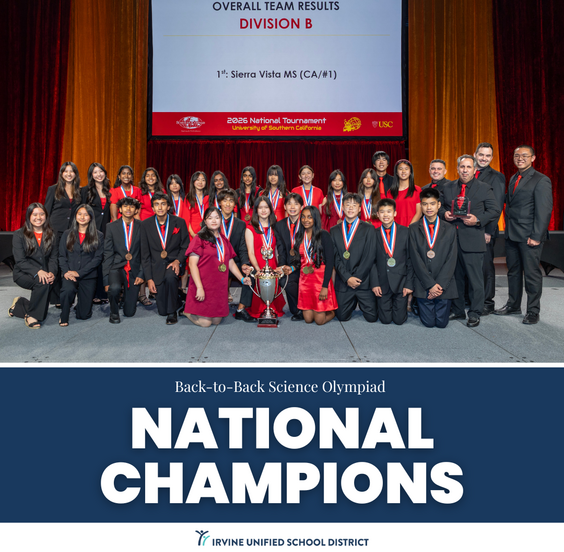 A group of students and adults in formal attire pose for a photo with a large trophy, celebrating their victory at the 2026 National Tournament.
