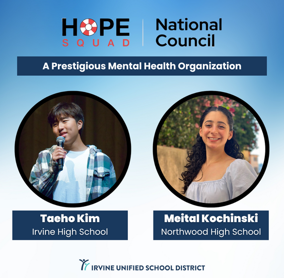 Image featuring Taeho Kim from Irvine High School and Meital Kochinski from Northwood High School, associated with HOPE SQUAD and National Council.