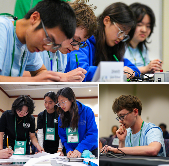 Uni High students wearing NSB lanyards focus intently on their work at tables.