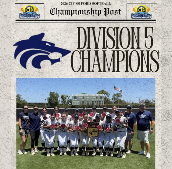 A softball team celebrates their Division 5 CIF-SS Championship win, holding trophies and wearing their uniforms.