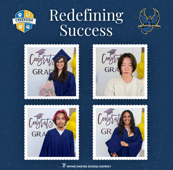 Four graduates in blue caps and gowns are featured in individual photo frames with the text 'Congrats GRAD' and balloons.