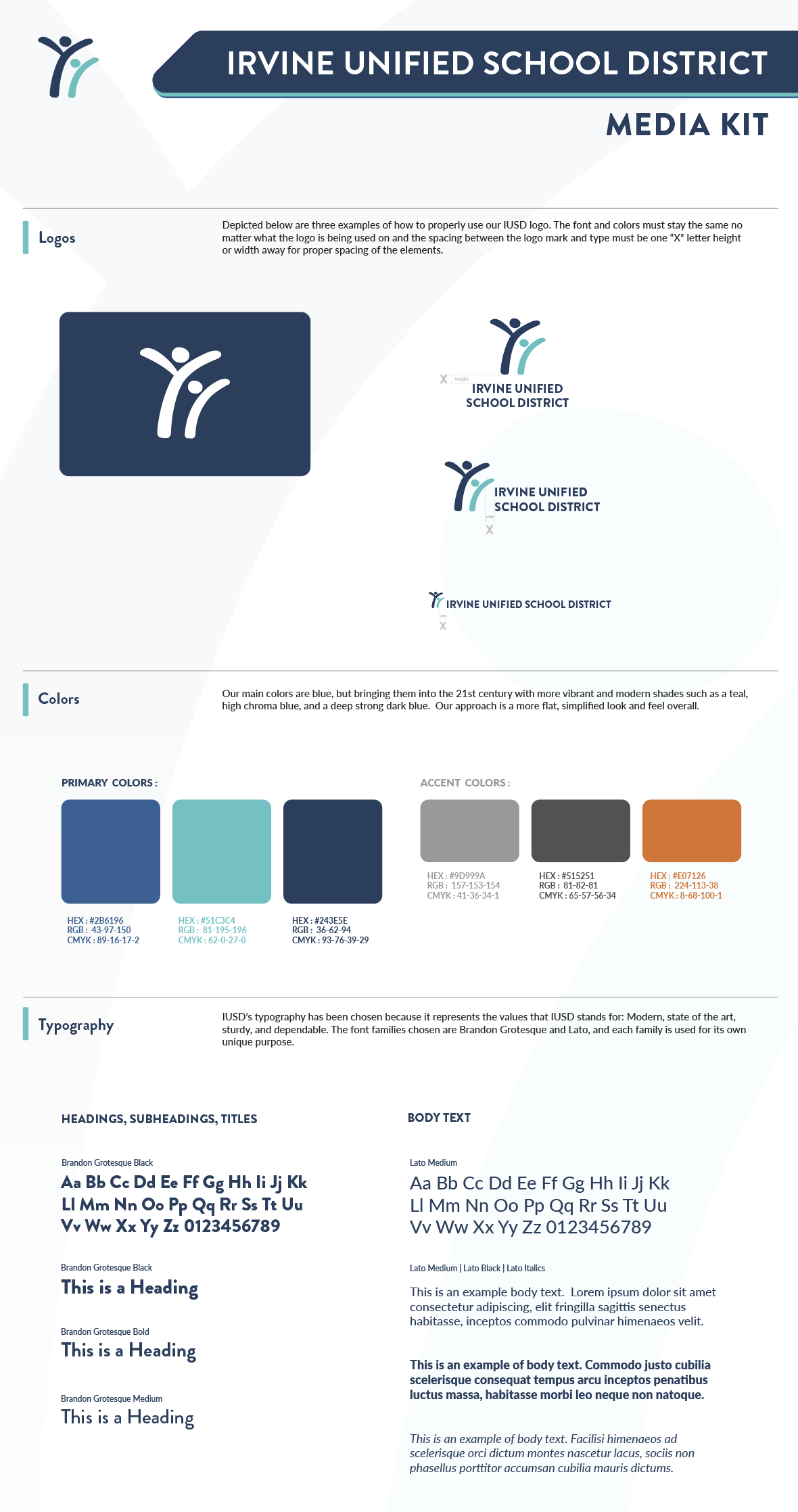 irvine unified media kit showing district logos, colors and fonts