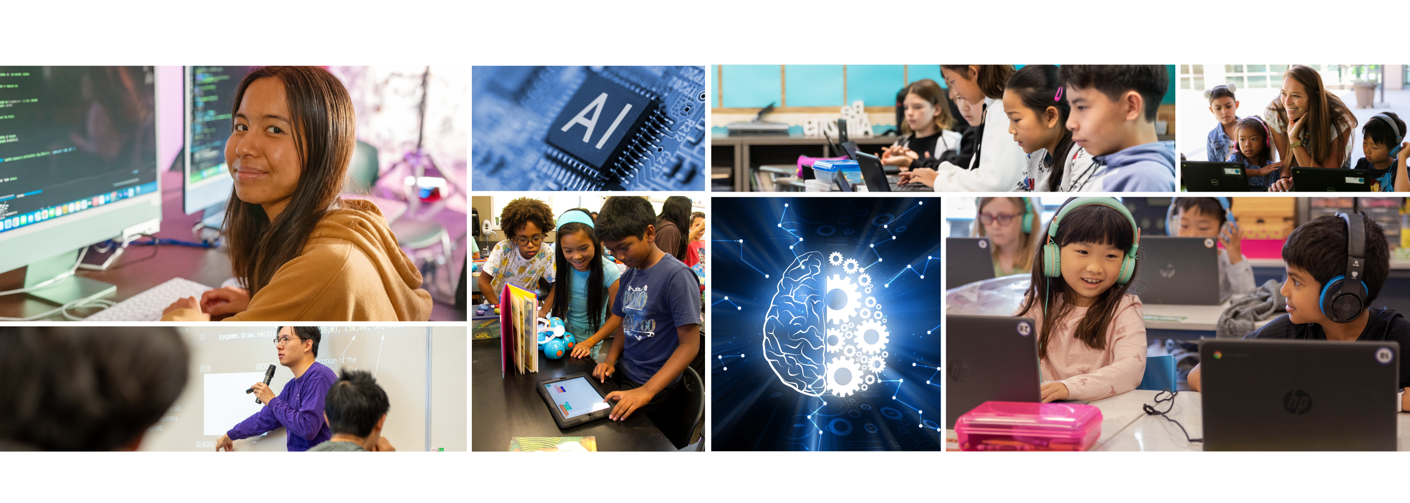 Students and teachers on computers, with AI images