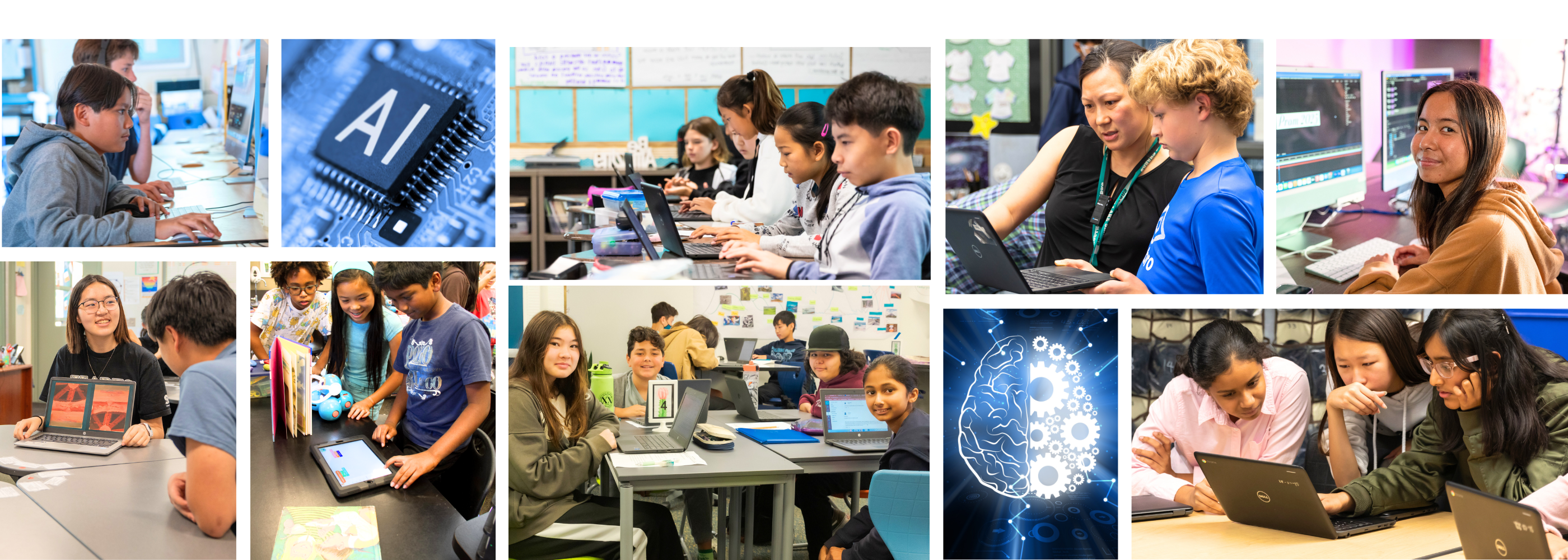 Students and teachers on computers, with AI images