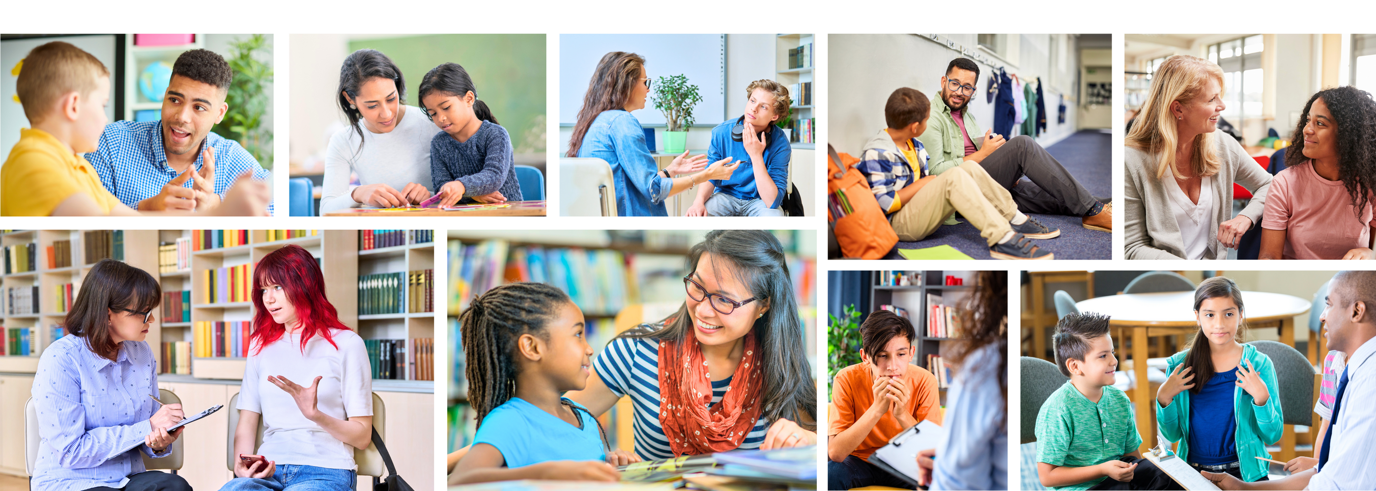 Collage of children and teens receiving mental health support in various settings