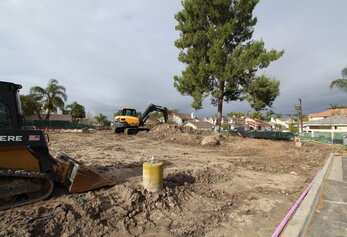 A yellow Hyundai excavator digging into a large mound of dirt next to a tall pine tree.