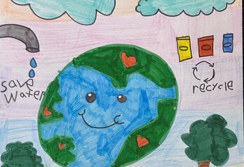 Ayla Kashefipour, Pre-K, Oak Creek ES Poster with earth, trees, flowers, recycling, rainbow, cloud, sun images