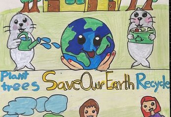Riju Jain, First Grade, Springbrook ES Poster with earth, seals, people, bikes, earth day images