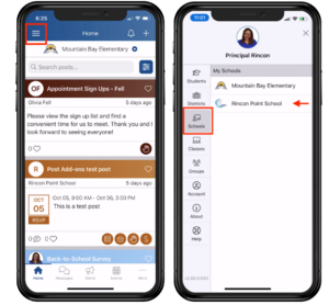 Two phone screens display a school communication app interface.
