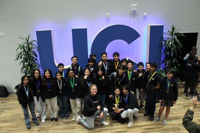 Rancho San Joaquin MS Science Olympiad team proudly poses with medals.