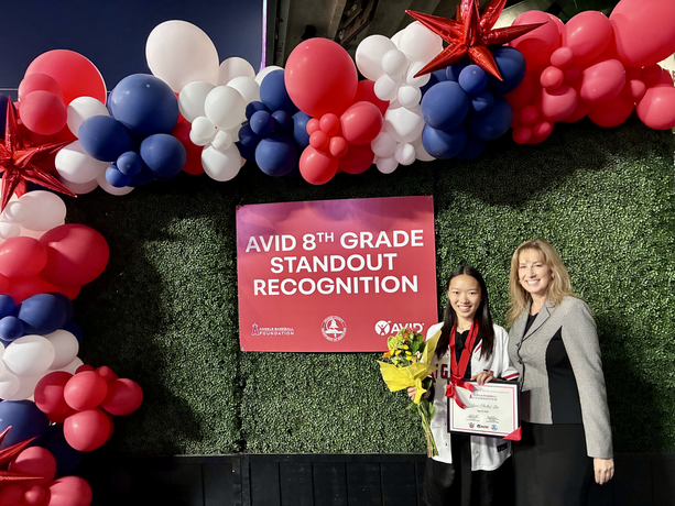 Bella Liu smiles with OCDE AVID coordinator