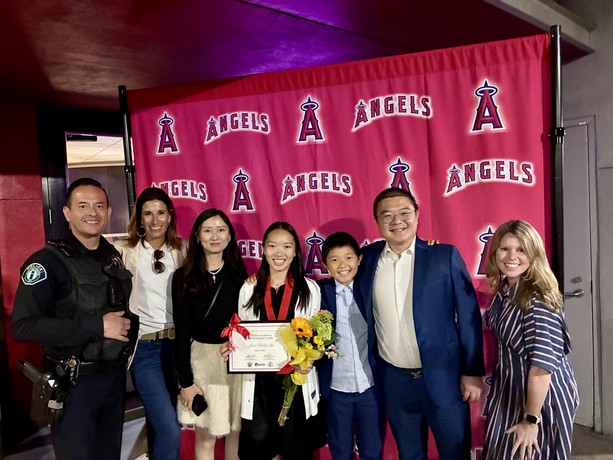 Bella Liu with Irvine Police Department SRO, family and AVID teacher Jennifer Weireter