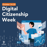 Digital Citizenship Week 2024 text and graphic on person clicking on web items