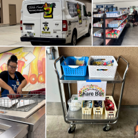 Photo collage containing Nutrition Services worker, share boxes, delivery van and South County Outreach store front