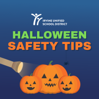 Halloween Safety Tips text and pumpkins with flashlight shining on them.