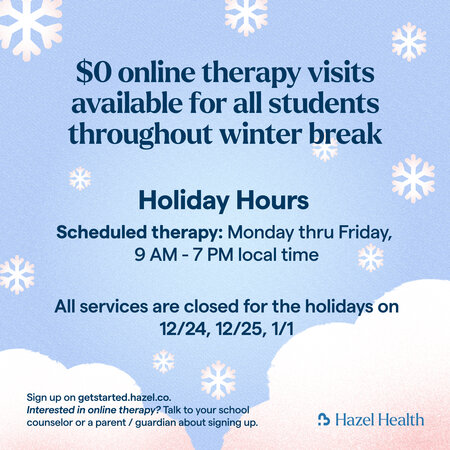 An advertisement for free online therapy for students during winter break.