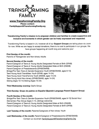 Transforming Family support group flyer