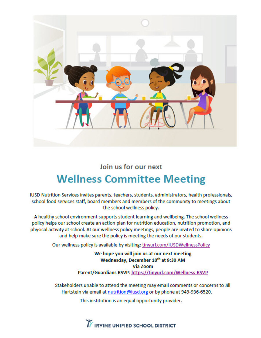 Wellness Committee Meeting Invitation for 12/10/2025 Meeting.  Visit Nutrition Services' Forms page for a link.